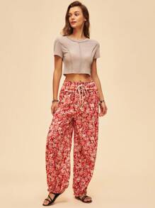 Bohemela Floral Print Drawstring Waist Vacation Pants - Red - View 5