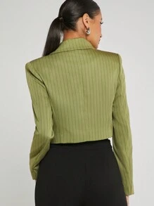 Hauture Pinstripe Double Breast Crop Long Sleeves Blazer - Olive Green - View 2