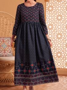 Seusyu Vestido De Patchwork Con Estampado Geométrico - Azul Marino - Ver 6