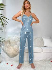 SweetSlumber Conjunto de pijama con camiseta de tirantes con estampado de corazón y encaje y pantalón largo para mujer - Azul - Ver 4