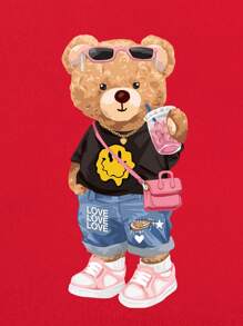 女士熊印花圆领短袖 T 恤图案 T 恤女式上衣 - 紅色 - 查看 4