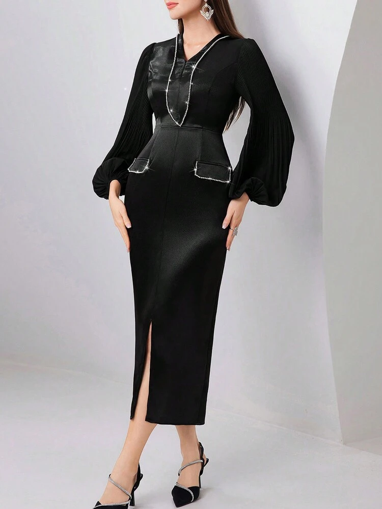 Women's Split Hem Lantern Sleeve Dress With Rhinestone Embellishment Long Evening Dresses