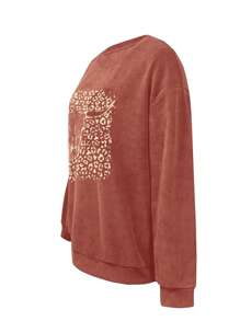 INAWLY 休闲落肩骷髅印花套头衫，长袖上衣 - 乾枯玫瑰色 - 查看 3