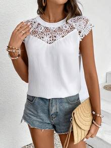 SHEIN LUNE 女士純色蕾絲修飾襯衫 - 白色 - 查看 5