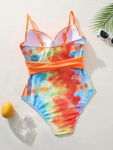 SHEIN Swim Bộ đồ tắm một mảnh đi biển mùa hè nhuộm màu có dây buộc dành cho nữ - Nhiều màu - Xem 3