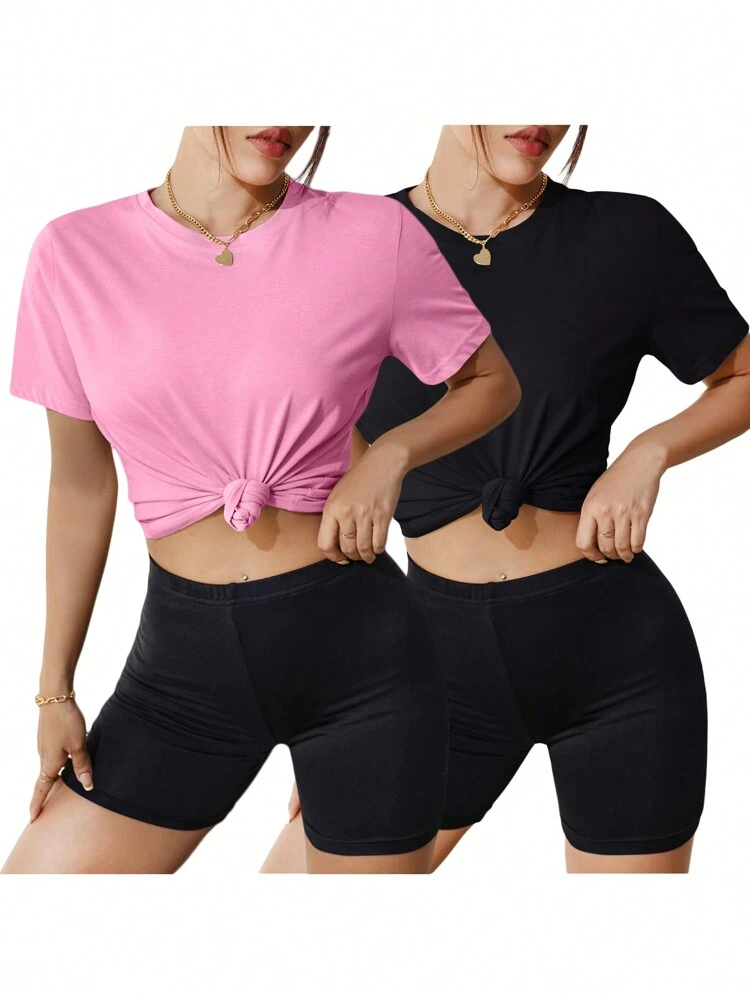 Ladies' Solid Color Crop Top & Tight Shorts Two Pieces Set
