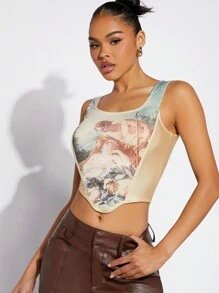 Hauture Figure Graphic Panel Crop Tank Top - Multicolor - View 1