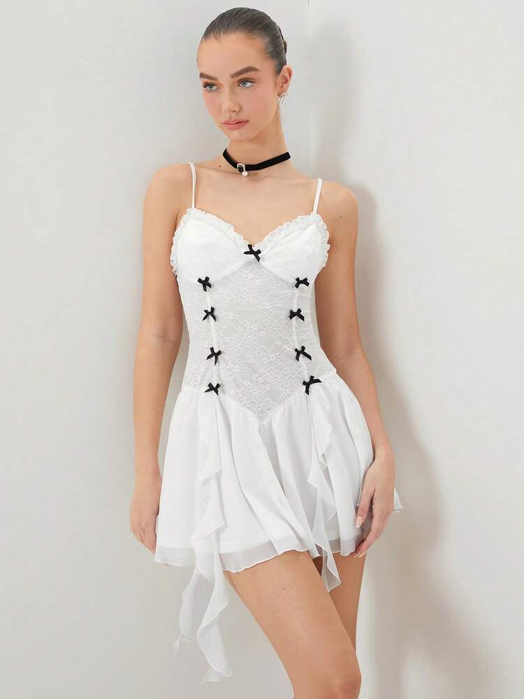 Summer Women's Lace Patchwork Bowknot Decor Mini Romantic Style Spaghetti Strap Dress