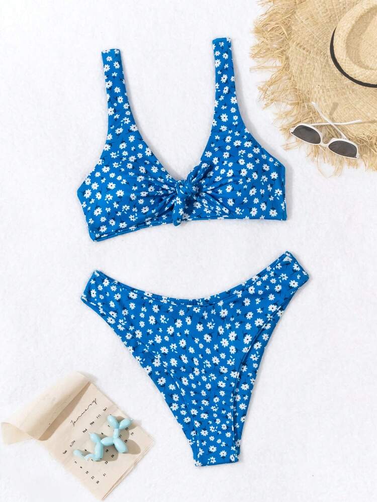Summer Floral Print Knot Front Bikini Set