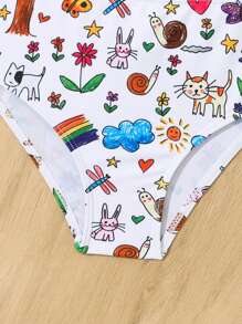 少女卡通印花两件套泳衣套装，随机印花和荷叶边设计，无锁缝 - 彩色 - 查看 3