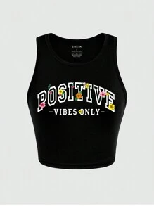 SHEIN Essnce 女式修身背心，带字母和花卉印花图案 T 恤 女式上衣