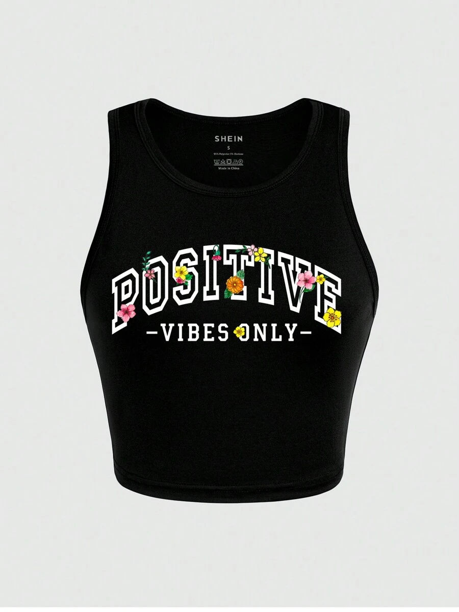 SHEIN Essnce 女式修身背心，带字母和花卉印花图案 T 恤 女式上衣