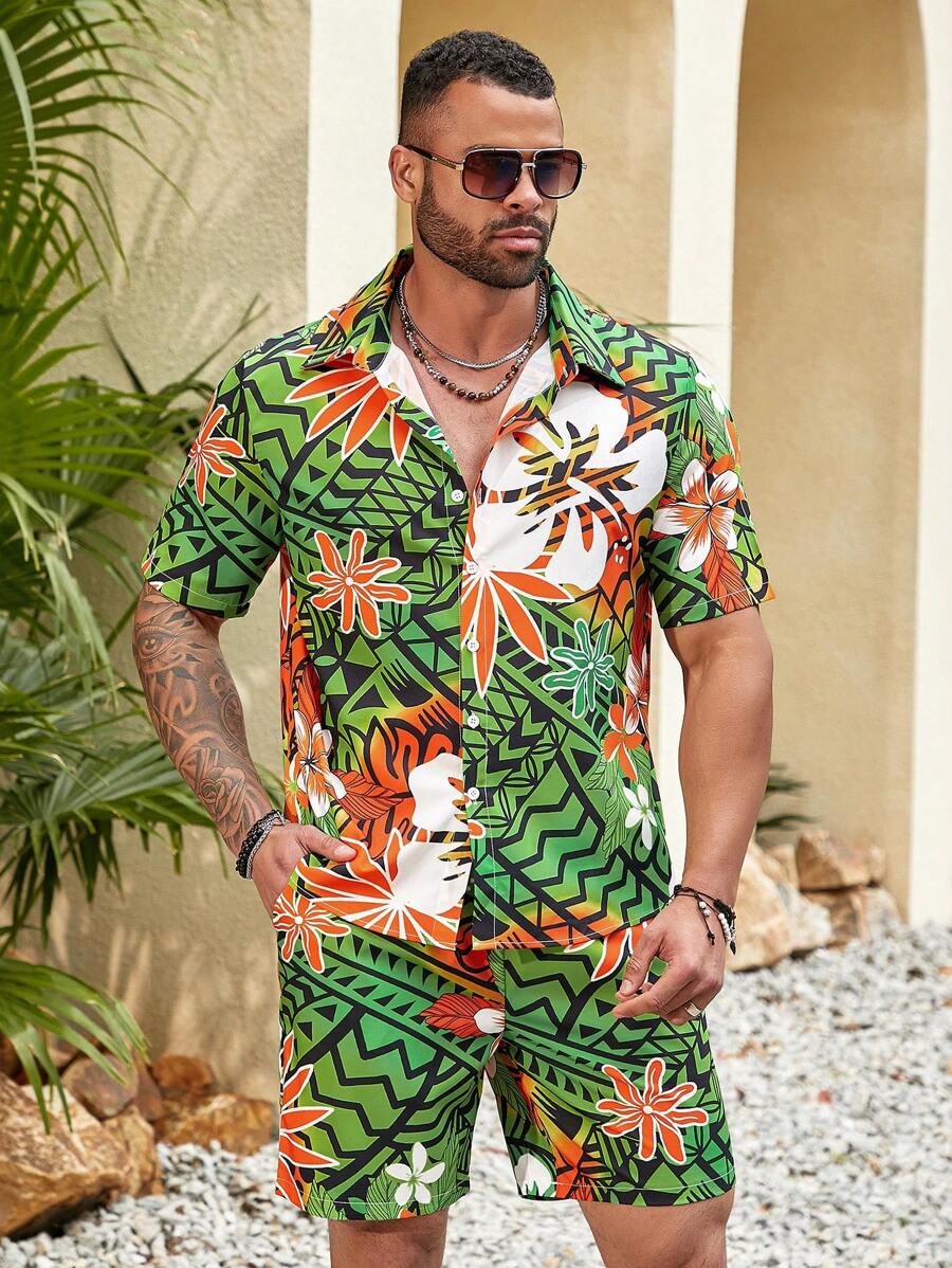 Manfinity RSRT Men's Summer Sets Floral Printed Button Up Short Sleeve Shirt And Shorts Set - Apricot - View 1