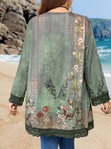 EMERY ROSE Chaqueta De Talla Grande Con Cordones, Estampado Floral Con Espalda Abierta
