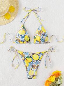Swim Mod Summer Beach Ladies' Lemon Printed Halter Neck Tie Bikini Set - Multicolor - View 1