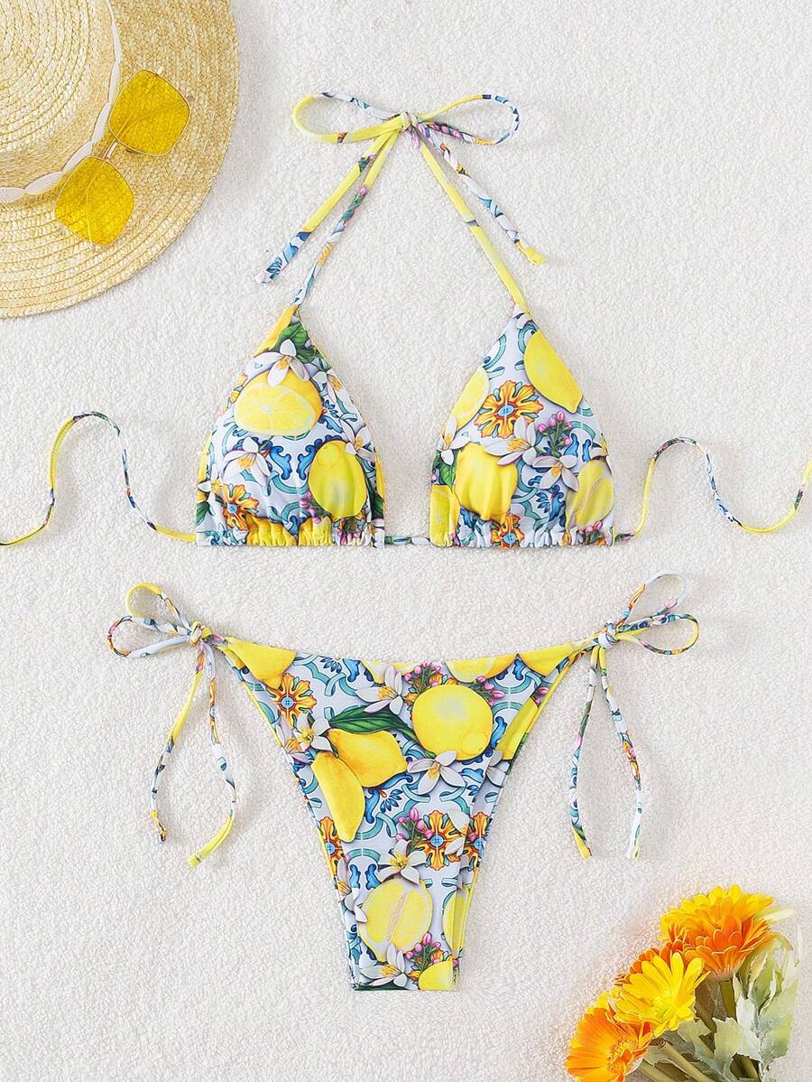 Swim Mod Summer Beach Ladies' Lemon Printed Halter Neck Tie Bikini Set - Multicolor - View 1