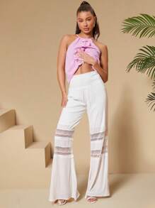 SHEIN Tall Ladies' Lace Spliced Flare Pants - White - View 7