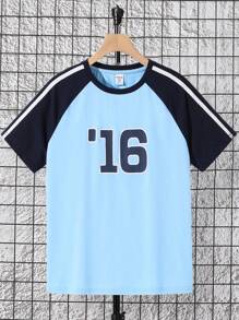 SHEIN Cậu bé Tween Lỏng lẻo Thể thao Khối màu Mẫu Raglan Ngắn Áo thun - Màu xanh lam - Xem 1
