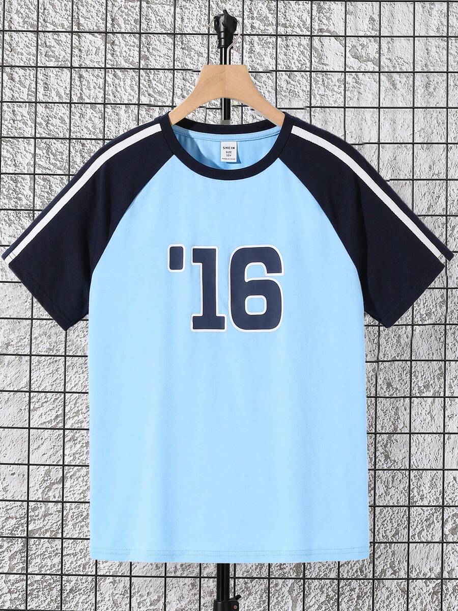 SHEIN Cậu bé Tween Lỏng lẻo Thể thao Khối màu Mẫu Raglan Ngắn Áo thun - Màu xanh lam - Xem 1