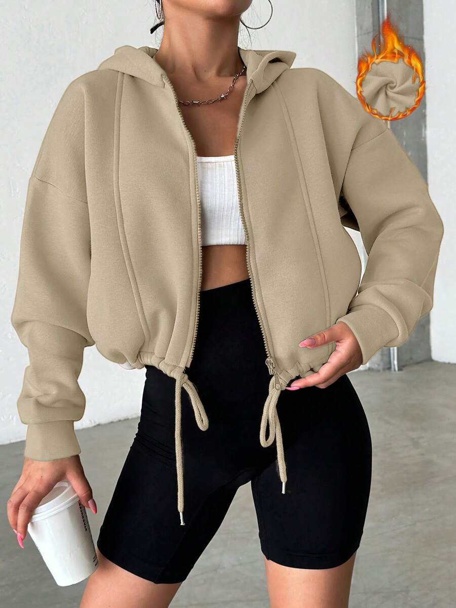 EURMUSE Drop Shoulder Drawstring Hem Zip Up Hoodie - Apricot - View 1