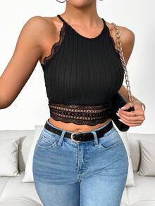 SHEIN Frenchy Của phụ nữ Màu thuần Ren Nối Áo hai dây - màu đen - Xem 4