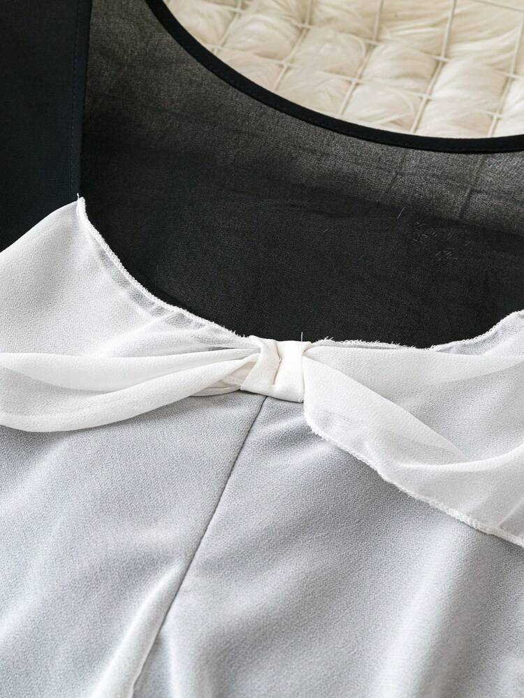 Contrast Color Round Neck Lantern Sleeve Blouse