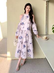 DAZY Tie Dye Open Shoulder Loose Fit Casual Dress Sundress,Fall Clothes Long Sleeve Dress Vacation Outfits Women Boho - Beige - View 3