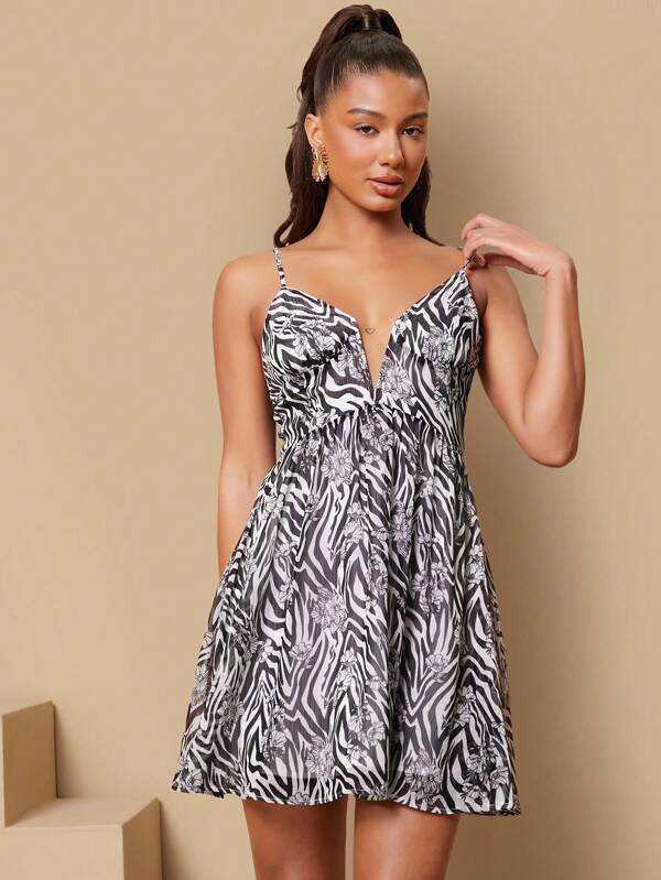 SHEIN Tall Vestido De Tirantes Con Estampado De Cebra Y Flores En El Escote En V