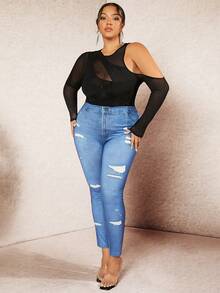 SHEIN BAE 加大碼女士透視網格露肩不對稱頸線彎曲剪裁連體衣（不帶胸罩） - 黑色 - 查看 6