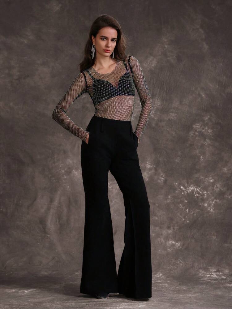 Women's Round Neck Black Shiny Rhinestone Decor Long Sleeve Bodysuit Fall Cloth For Women