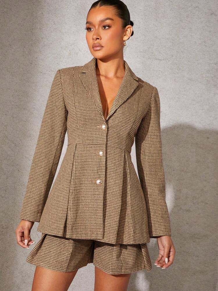 Houndstooth Pleated Button Blazer