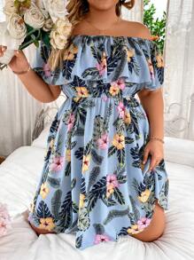 SHEIN Holidaya 大码波西米亚风热带印花露肩连衣裙，适合夏季 - 藍色 - 查看 5