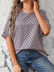 EMERY ROSE Của phụ nữ Tất cả Hình học In Vòng cổ Áo sơ mi - Màu Khaki - Xem 4