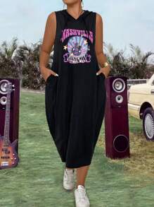 SHEIN LUNE Kích thước lớn Đàn ghi ta In áo có mũ Tay áo dài Đầm - màu đen - Xem 1