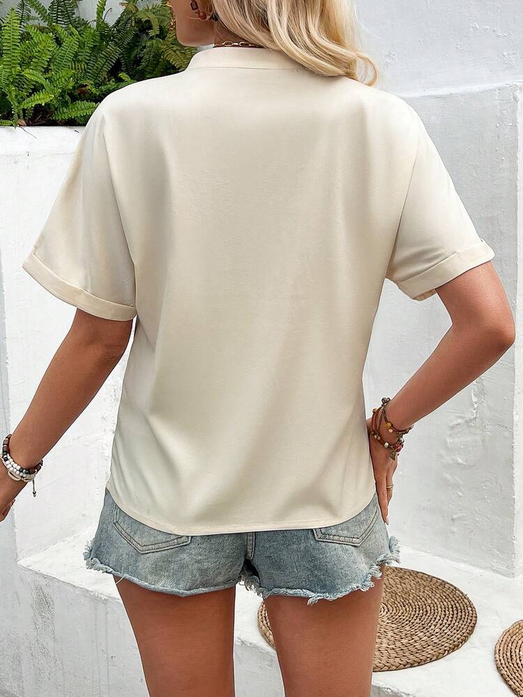 Women's Hollow Out Lace Shoulder Long Sleeve Blouse With Notched V-Neckline