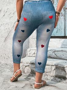 EMERY ROSE 大尺碼女士心形印花牛仔裝款3/4長度打底褲 - 藍色 - 查看 2