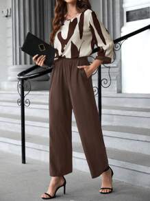 EMERY ROSE 女士几何图案印花短袖衬衫和黑色阔腿裤 - 咖啡棕 - 查看 3