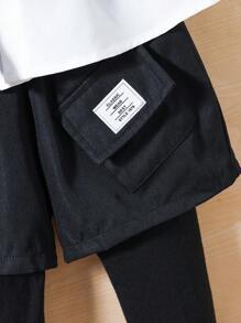 SHEIN 3 件装年轻男孩休闲舒适无袖背心+纯色长袖衬衫+二合一裤子，抓绒，加厚