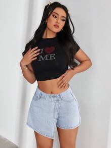 SHEIN EZwear Women's Asymmetrical Hem Denim Skorts - Light Wash - View 6