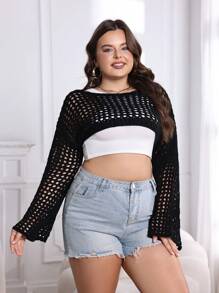 Flirla Hơn Đan Mở Thả vai Áo len Crop Không có áo Top Tube - màu đen - Xem 5