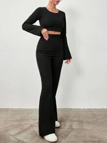 EURMUSE Round Neck Long Sleeve Cropped T-Shirt And Flared Pants Set - Black - View 4