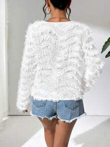 SHEIN Allurite Của phụ nữ Màu thuần Viền tua Vòng cổ Áo sơ mi - trắng - Xem 2