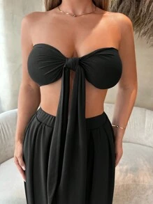 SHEIN SXY Beach;Women'S Front Knot Strapless Top And Pants Two Pieces Set  Spring Summer Women Clothes Bachelorette Party Spring Break Birthday Outfit Valentine Day Sexy Outfits - Black - View 6