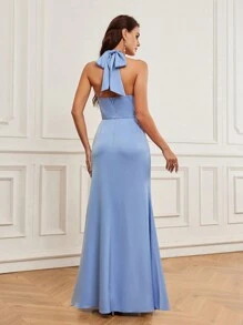 SHEIN Belle Elegant, Feminine And Flowing Halter Neck With A Bow Tied At The Back, Aqua Blue Satin Push-Up Bust High Waist With Mermaid Hem Dress Outdoor Wedding Travel Wedding Bohemian Style Seaside Wedding Formal Wedding Bridesmaid Dress
