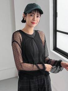 FRIFUL Women's Sheer Mesh Split Hem Shirt