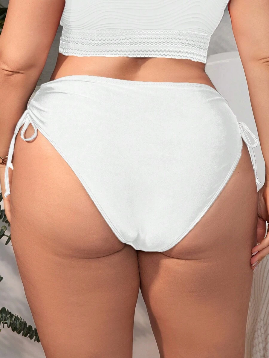 Swim Basics Summer Beach Plus Size Women's Solid Color Bikini Bottoms With Drawstring Side - White - View 1
