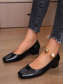 女款防水方頭坡跟鞋,易穿易脫 - 黑色 - 查看 7