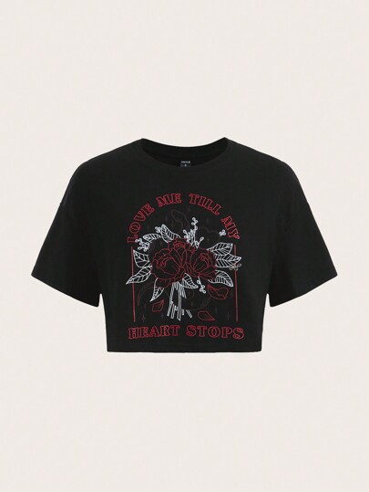 VikiLester Goth Camiseta de manga corta para mujer con estampado de rosa y cuello redondo para el Día de San Valentín, escuela