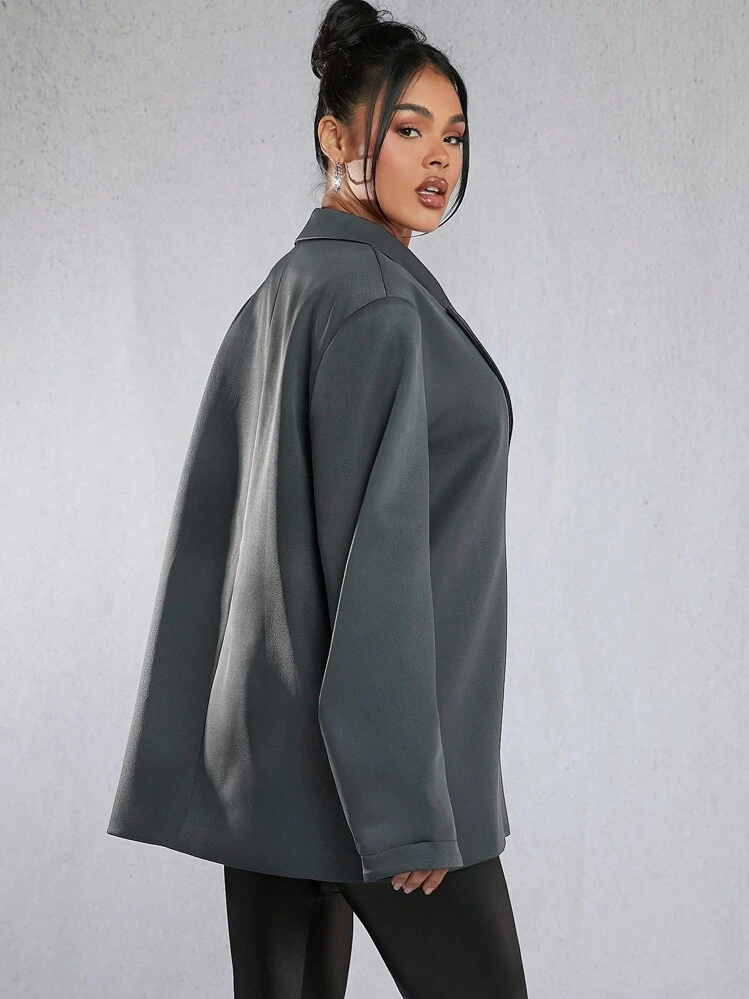 SHEIN Unity 褶袖翻领休闲大码西装外套 - 藏蓝色 - 查看 2
