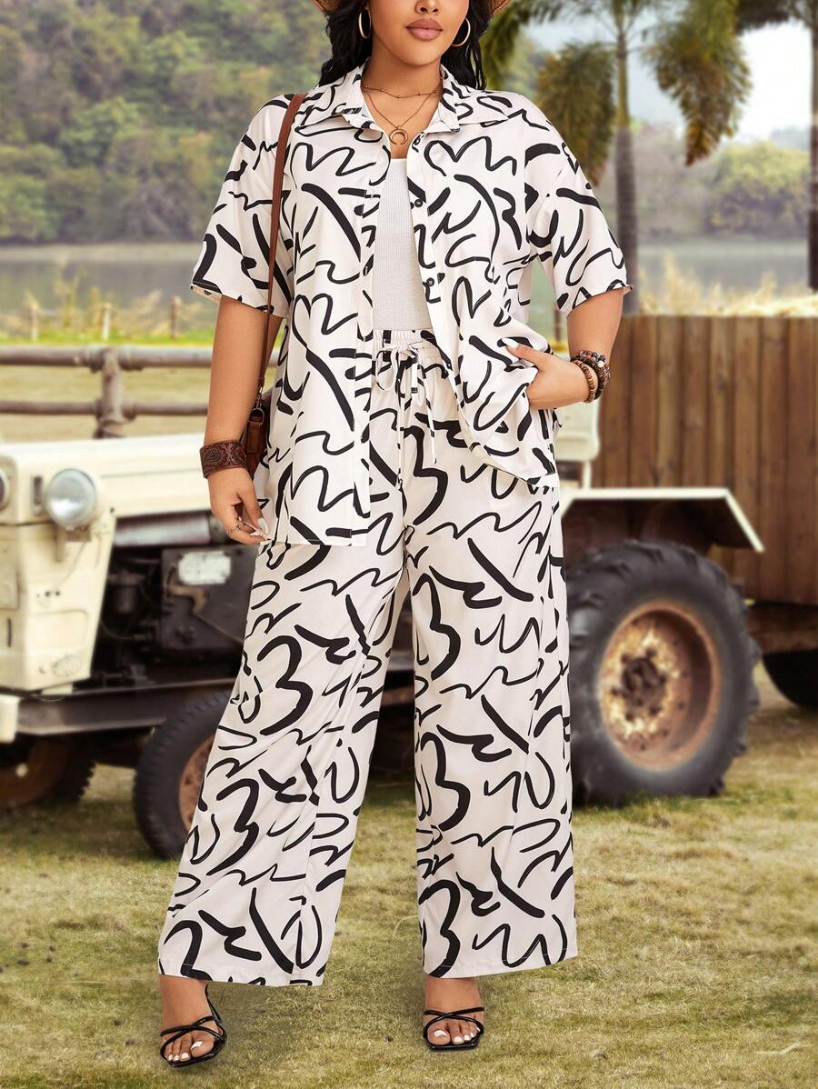 SHEIN LUNE Bộ áo sơ mi tay ngắn họa tiết Brushstroke cỡ lớn và quần dài hai mảnh cho nữ - Màu be - Xem 1